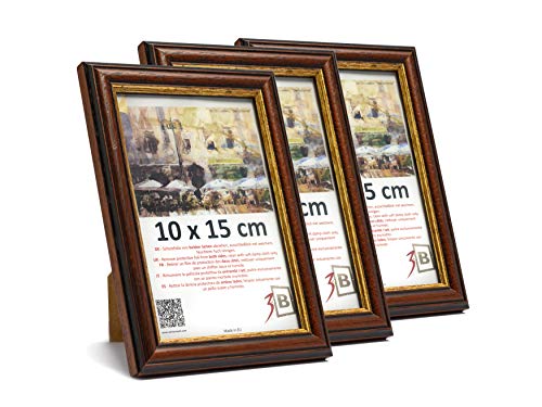 3-B Bilderrahmen BARI RUSTIKAL - 3-Pack - Dunkel Braun/Gold - 10x15 cm - Holzrahmen, Fotorahmen aus exotischem Holz (Ayous), Portraitrahmen mit Acrylglas von 3-B