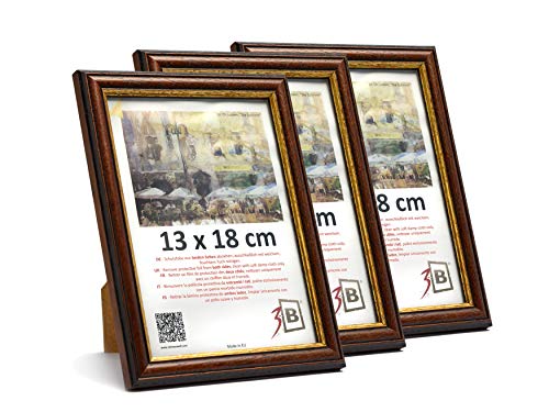 3-B Bilderrahmen BARI RUSTIKAL - 3-Pack - Dunkel Braun/Gold - 13x18 cm - Holzrahmen, Fotorahmen aus exotischem Holz (Ayous), Portraitrahmen mit Acrylglas von 3-B