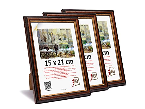 3-B Bilderrahmen BARI RUSTIKAL - 3-Pack - Dunkel Braun/Gold - 15x21 cm (A5) - Holzrahmen, Fotorahmen aus exotischem Holz (Ayous), Portraitrahmen mit Acrylglas von 3-B