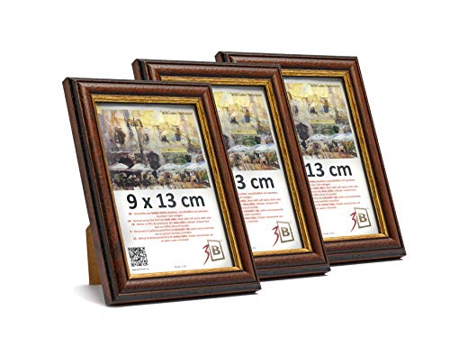 3-B Bilderrahmen BARI RUSTIKAL - 3-Pack - Dunkel Braun/Gold - 9x13 cm - Holzrahmen, Fotorahmen aus exotischem Holz (Ayous), Portraitrahmen mit Acrylglas von 3-B