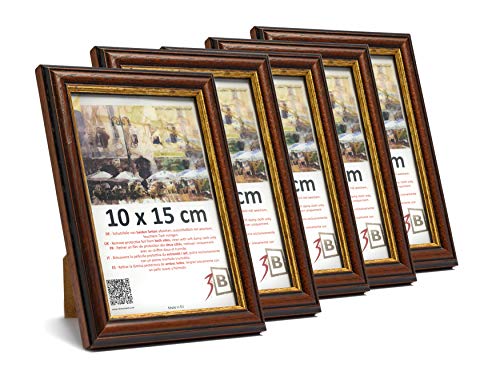 3-B Bilderrahmen BARI RUSTIKAL - 5-Pack - Dunkel Braun/Gold - 10x15 cm - Holzrahmen, Fotorahmen aus exotischem Holz (Ayous), Portraitrahmen mit Acrylglas von 3-B