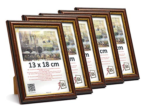 3-B Bilderrahmen BARI RUSTIKAL - 5-Pack - Dunkel Braun/Gold - 13x18 cm - Holzrahmen, Fotorahmen aus exotischem Holz (Ayous), Portraitrahmen mit Acrylglas von 3-B