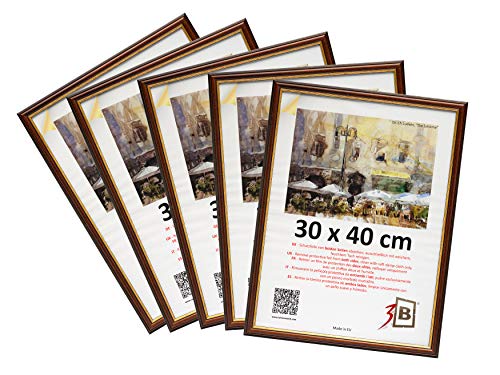 3-B Bilderrahmen BARI RUSTIKAL - 5-Pack - Dunkel Braun/Gold - 30x40 cm - Holzrahmen, Fotorahmen aus exotischem Holz (Ayous), Portraitrahmen mit Acrylglas von 3-B