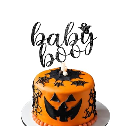 Baby Boo Halloween Thema Kuchen Topper – Halloween Kuchen Topper – Halloween Thema Kuchen Topper – Halloween Glitzer Karte Topper – Kürbis Party Supplies – Halloween Kuchen Dekoration (Schwarz) von 3 LITTLE DESSERTS