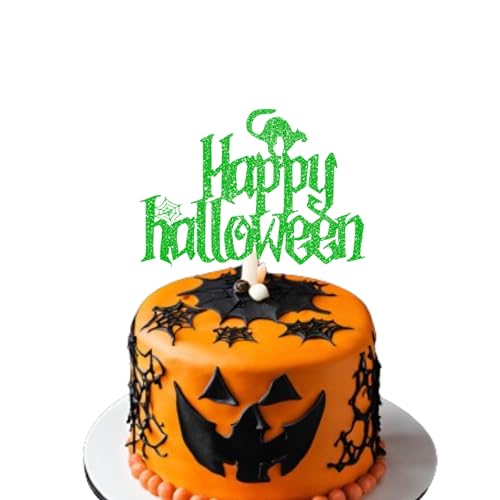 Happy Halloween Cake Topper - Halloween Cake Decor Supply - Halloween Themed Cake Topper - Halloween Glitter Card Toppers - Kürbis Party Supplies - Halloween Kuchen Dekoration (Grün) von 3 LITTLE DESSERTS