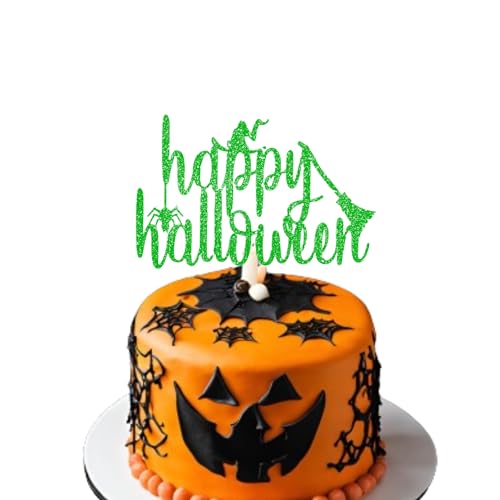 Happy Halloween Cake Topper - Halloween Cake Decor Supply - Halloween Themed Cake Topper - Halloween Glitter Card Toppers - Kürbis Party Supplies - Halloween Kuchen Dekoration (Grün) von 3 LITTLE DESSERTS