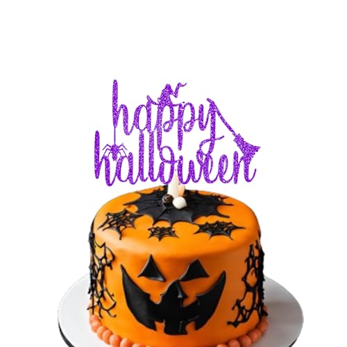 Happy Halloween Cake Topper - Halloween Cake Decor Supply - Halloween Themed Cake Topper - Halloween Glitter Card Toppers - Pumpkin Party Supplies - Halloween Cake Decoration (Purple) von 3 LITTLE DESSERTS