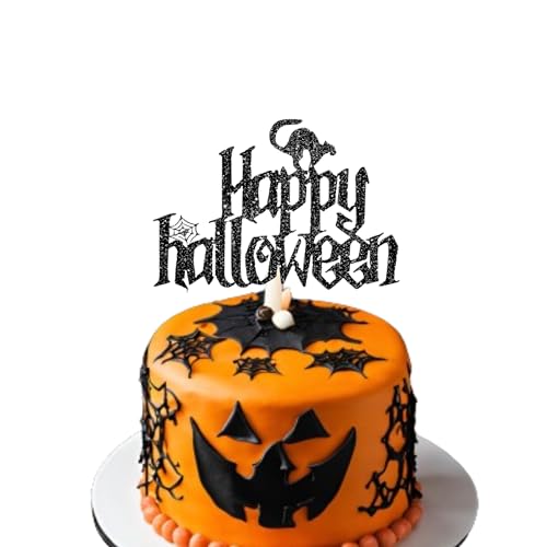 Happy Halloween Cake Topper - Halloween Cake Decor Supply - Halloween Themed Cake Topper - Halloween Glitter Card Toppers - Pumpkin Party Supplies - Halloween Cake Decoration (Schwarz) von 3 LITTLE DESSERTS