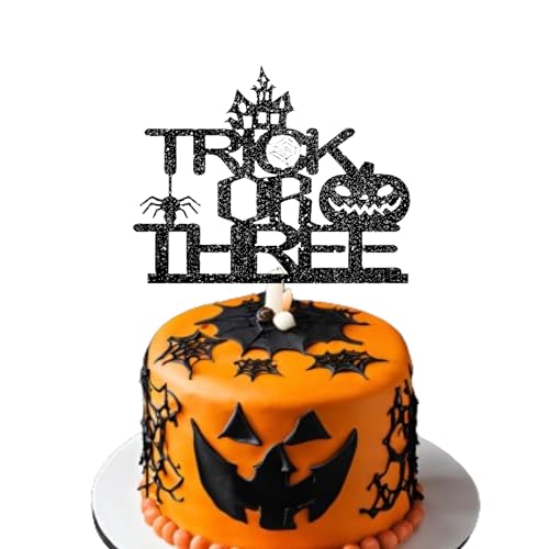 Trick or Three Halloween-Thema-Kuchenaufsatz – Halloween-Kuchenaufsatz – Halloween-Themen-Kuchenaufsatz – Halloween-Glitzer-Karten-Aufsätze – Kürbis-Partyzubehör – Halloween-Kuchendekoration (schwarz) von 3 LITTLE DESSERTS