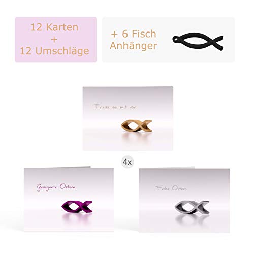 12 schlichte blanko Osterkarten (Klappkarten) im Set DIN A6 inkl. 12x haftklebender Umschlag (C6) inkl. 6 Anhänger Grußkarten für Ostern ︱Ostergrüße Kartenset christlich 12 Karten Umschläge Faltkarten von 3DREAMS