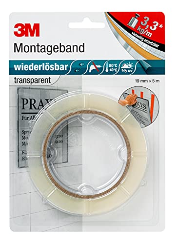 3M Wiederlösbares Montageband, doppelseitiges Klebeband für Innen- und Außenanwendungen, 19 mm x 5 m x 0,8 mm, transparent (1er Pack) von 3M