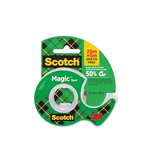 Scotch Magic Unsichtbares Klebeband, 19 mm x 25 mm, 1 Rolle auf Handabroller/Packung + 5 m GRATIS von Scotch