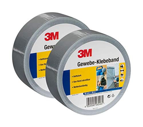 3M Gewebe-Klebeband, Panzerband, Gaffa-Tape in Silber-Grau 50mm x 50 m – Duct Tape handreißbar & wasserfest für universelle Anwendungen wie Markieren, Abdichten, Bündeln – 2er Pack von 3M