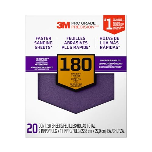 3M Pro Grade SHCP180-PGP20T Präzisions-Schleifblätter mit rutschfester Unterseite, 22,9 x 27,9 cm, 180 g, 20 Blatt/Packung, 5 Stück, insgesamt 100 Blatt von 3M