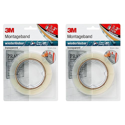 3M Wiederlösbares Montageband, doppelseitiges Klebeband für Innen- und Außenanwendungen, 19 mm x 5 m x 0,8 mm, transparent (2er Pack) von 3M