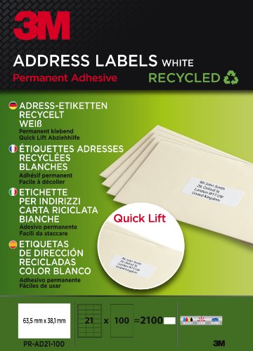 PRA21100 Quick Lift Adress-Etiketten recycelt für Inkjet, Laser, Kopierer, 63.5 x 38.1 mm, 2100 Etiketten von 3M