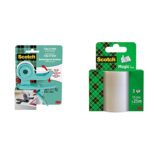 Scotch Clip & Twist Klebeband-Abroller C19, Grau + Scotch Magic Unsichtbares Klebeband & Scotch Magic Klebeband – 3 Rollen 19mm x 25m - Allzweck-Klebeband für die Reparatur, Etikettierung von 3M