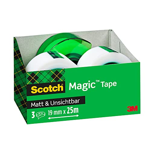 Scotch Magic Unsichtbares Klebeband, 3 Rollen, 19 mm x 25 m + 1 Handabroller GRATIS Grün - Unsichtbares Klebeband für allgemeine Zwecke zur Reparatur, Etikettierung und Versiegelung von Dokumenten von Scotch