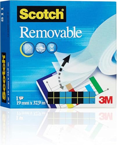 3M Removable Klebeband, 1 Rolle matt 19 mm x 32.9 m. - wiederablösbar, unsichtbar, beschriftbar und schattenfrei kopierbar, farblos von Scotch