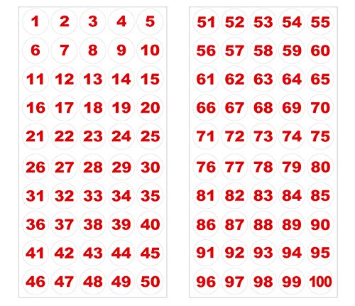 Runde Zahlenaufkleber 1-100, Vinyl - 30mm - rot/weiß von 4-prints
