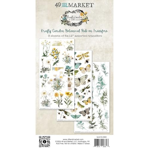 49 And Market Krafty Garden Botanicals Rub-on Transfer Set, Vintage Blumen- und Schmetterlings-Designs, einfache Anwendung für Bastelarbeiten, Scrapbooking und DIY-Projekte. von 49 and Market