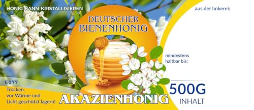 4Bee Etiketten bunt für deutschen Bienenhonig AKAZIENHONIG 100 Stück / 1 Pack - Maß: 116x50mm - Imkerei - Selbstgemachte Honige - Natürliche Lebensmittel - Landwirtschaftliche Produkte von 4Bee