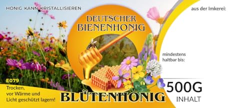 4Bee Etiketten bunt für deutschen Bienenhonig BLÜTENHONIG 100 Stück / 1 Pack - Maß: 116x50mm - Imkerei - Selbstgemachte Honige - Natürliche Lebensmittel - Landwirtschaftliche Produkte von 4Bee