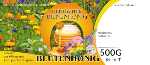 4Bee Etiketten bunt für deutschen Bienenhonig BLÜTENHONIG2 100 Stück / 1 Pack - Maß: 116x50mm - Imkerei - Selbstgemachte Honige - Natürliche Lebensmittel - Landwirtschaftliche Produkte von 4Bee