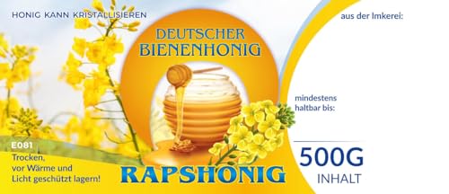 4Bee Etiketten bunt für deutschen Bienenhonig RAPSHONIG 100 Stück / 1 Pack - Maß: 116x50mm - Imkerei - Selbstgemachte Honige - Natürliche Lebensmittel - Landwirtschaftliche Produkte von 4Bee