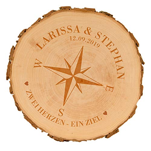 Baumscheiben für Paare mit Gravur - personalisierte Holzscheibe - verschiedene Designs - Hochzeitsgeschenk - naturbelassen - Dekoration - Wanddeko (Kompass) von 4you Design