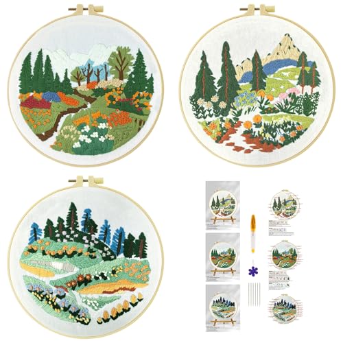 51buyoutgo 3pcs Blumen Landschaft Stickset Sticken Set für Erwachsene Anfänger Embroidery Kit Stickerei Stick Set Stickvorlagen Kreuzstich Vorgedruckt Stickbilder Stickbild Stickpackung Stickvorlage von 51buyoutgo