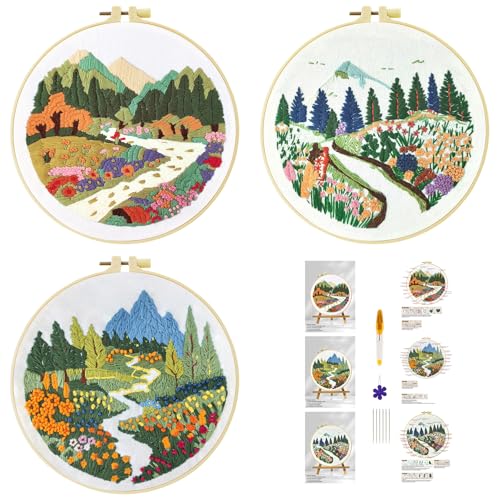 51buyoutgo 3pcs Blumen Landschaft Stickset Sticken Set für Erwachsene Anfänger Embroidery Kit Stickerei Stick Set Stickvorlagen Kreuzstich Vorgedruckt Stickbilder Stickbild Stickpackung Stickvorlage von 51buyoutgo