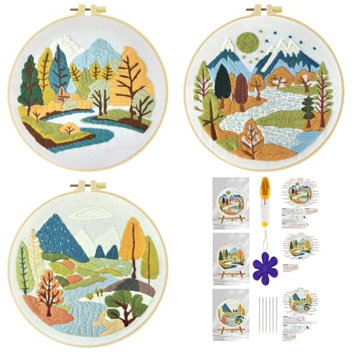 51buyoutgo 3pcs Flusslandschaft Stickset Sticken Set für Erwachsene Anfänger Embroidery Kit Stickerei Stick Set Stickvorlagen Kreuzstich Vorgedruckt Stickbilder Stickbild Stickpackung Stickvorlage von 51buyoutgo