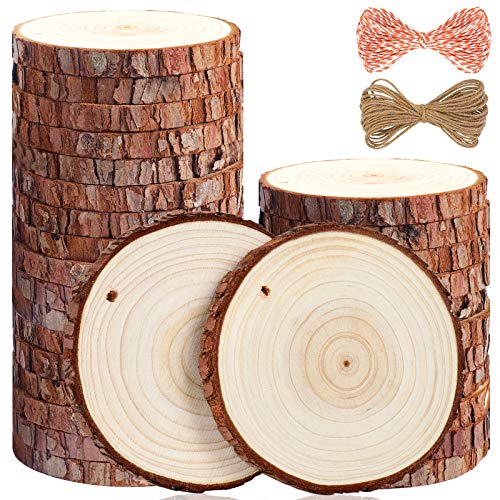 5ARTH Natürliche Holzscheiben - 30 Stück 9-10cm Kunst Unbehandeltes Holz Kit Vorgebohrt mit Loch Holzkreise für Kunst Holzscheiben Weihnachtsschmuck DIY Kunst von 5ARTH