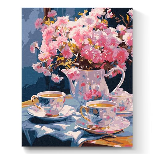 7 Artists Malen nach Zahlen Erwachsene mit Rahmen Exquisite Tea Party Set 40x50 cm - Leinwand mit Pinseln, Acrylfarben für Malen Erwachsene von 7 Artists