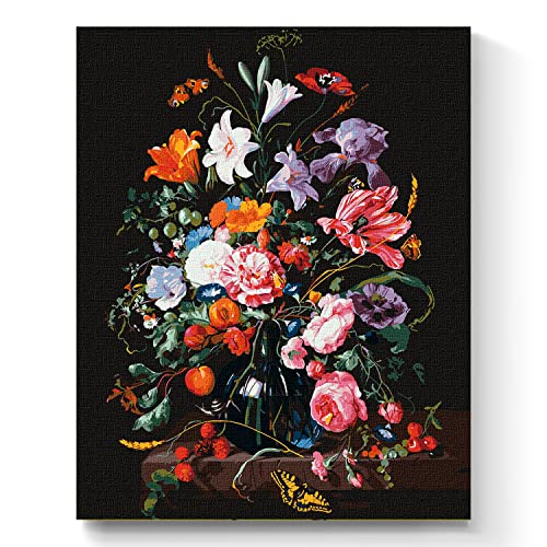 7 Artists Malen nach Zahlen Erwachsene mit Rahmen Jan Davidsz. de Heem Vase With Flowers and Berries Set 40x50 cm - Leinwand mit Pinseln, Acrylfarben für Malen Erwachsene von 7 Artists