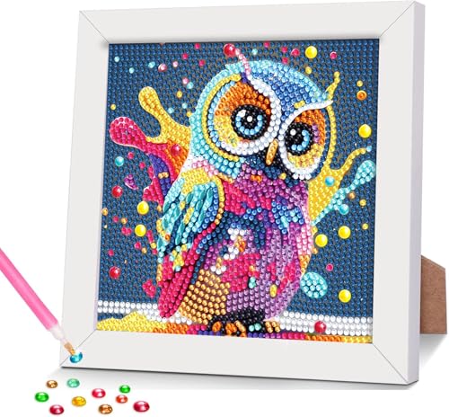 77iiAii Diamond Painting Kinder Eule Bilder mit Rahmen, Diamant Painting Bilder Kinder Bastelset Kinder ab 6 Jahre, Geschenke für Mädchen Junge 6 7 8 9 10 12 Jahre 18x18 Cm von 77iiAii