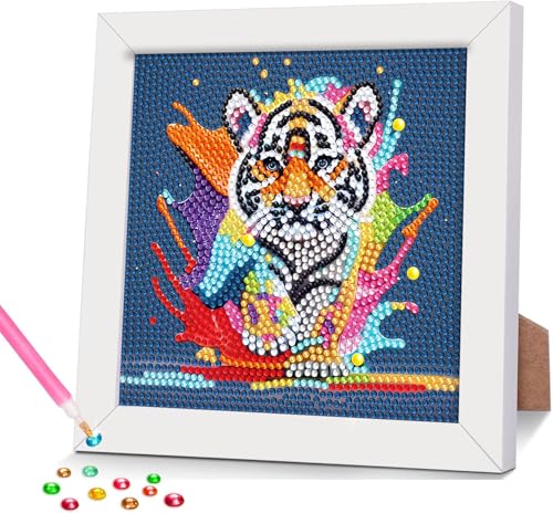 77iiAii Diamond Painting Kinder mit Rahmen Tiger, Diamant Painting Bilder Kinder, Kreative Geschenke für Mädchen und Jungs 6 7 8 9 10 11 12 Jahre 18x18 Cm von 77iiAii