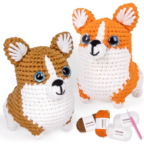 A AIFAMY Häkelset für Anfänger, Hunde-Häkeltier-Sets mit Schritt-für-Schritt-Video-Tutorials, einfaches Garn für Erwachsene, Corgi-Liebhaber (2P Corgi, Orange und Braun) von A AIFAMY