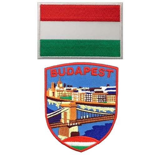 A-ONE 2 Stück – Ungarn Budapest Donau Schild Stickerei + Ungarn Landflagge, Hauptstadt Stadt, Europa Reise Geschenk Wahl, strapazierfähiger Aufnäher, zum Aufbügeln Abzeichen für Taschen Nr. 413C von A-ONE