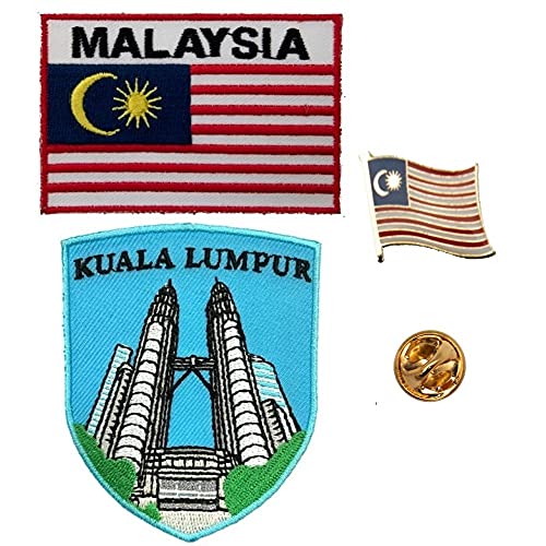 A-ONE 3 Stück – Kuala Lumpur bestickter Aufnäher + Malaysia Flagge Patch und Anstecknadel, Petronas Twin Towers Stickerei, Sehenswürdigkeitszeichen-Aufbügler, Klebeflicken, Zubehör Nr. 216B von A-ONE
