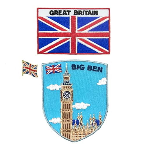 A-ONE 3 Stück London Big Ben Patch + England-Flagge Patch und Anstecknadel, Metall-Knopf-Emblem, Londoner Wahrzeichen-Aufnäher, Vintage-Patch, zum Aufnähen auf Hüte Jeans Computertaschen von A-ONE