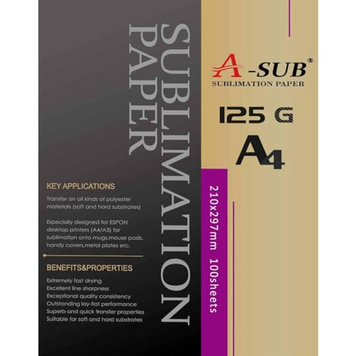 A-SUB Sublimationspapier A4, 210 x 297 mm, 100 Blatt, 125 g/m², kompatibel mit EPSON, SAWGRASS, RICOH, BROTHER Sublimationsdruckern von A-SUB