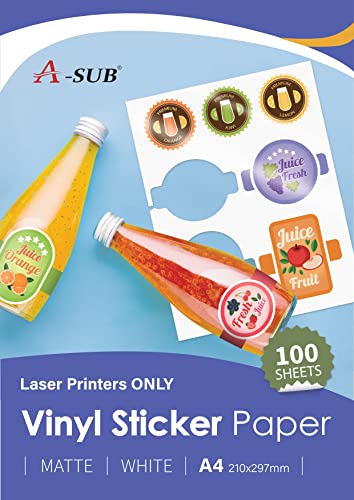 A-SUB Weißes mattes hochwertiges wasserfestes bedruckbares Vinyl-Aufkleberpapier, selbstklebende Vinyl-Etiketten für Laserdrucker, A4-Format, 100 Blatt von A-SUB