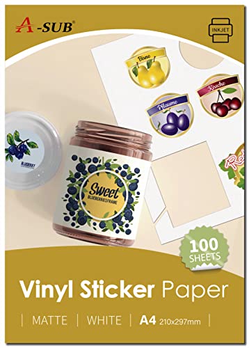 A-SUB Weißes mattes hochwertiges wasserfestes bedruckbares Vinyl-Aufkleberpapier, selbstklebende Vinyl-Etiketten für Tintenstrahldrucker, A4-Format, 100 Blatt von A-SUB