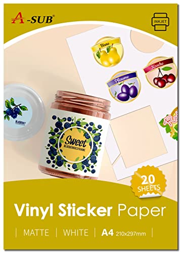 A-SUB Weißes mattes hochwertiges wasserfestes bedruckbares Vinyl-Aufkleberpapier, selbstklebende Vinyl-Etiketten für Tintenstrahldrucker, A4-Format, 20 Blatt von A-SUB