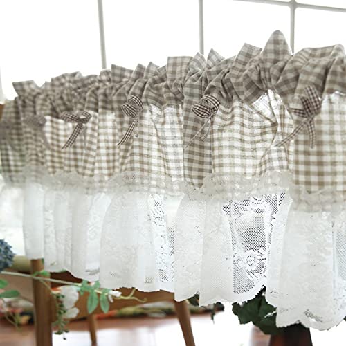 A.Monamour Gardine Scheibengardinen Kurzstores Halbtransparente Beige Karierte Gingham Blumenspitze Mit Schleifen Kurzvorhang Kurzgardinen Küchengardine Küche Vorhang Fenster Kurz Stores Bistrogardine von A.Monamour