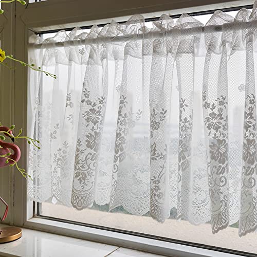 A.Monamour Gardine Scheibengardinen Kurzstores Weiße Blumen Stickerei Spitze Transparenter Voile Vorhang Kurzvorhang Kurzgardinen Küchengardine Küche Vorhang Fenster Kurz Stores Bistrogardine von A.Monamour