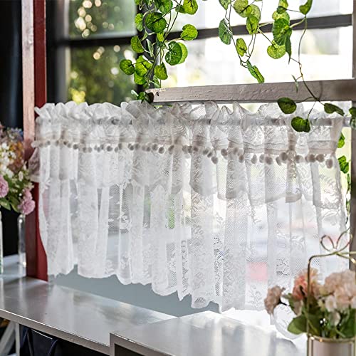 A.Monamour Gardine Scheibengardinen Kurzstores Weiße Transparente Voile Spitze Tüll Stickerei Mit Pompon Quaste Kurzvorhang Kurzgardinen Küchengardine Volants Küche Fenster Kurz Vorhang Bistrogardine von A.Monamour