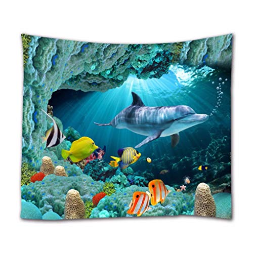 A.Monamour Wandteppiche 3D Unterwasserwelt Delphine Fische Coral Marine Life Blauer Hintergrund Stoff Wandbehang Tapisserie Wandbild Vorhang Wand Kunst Wanddekor für Schlafzimmer 180x200cm von A.Monamour